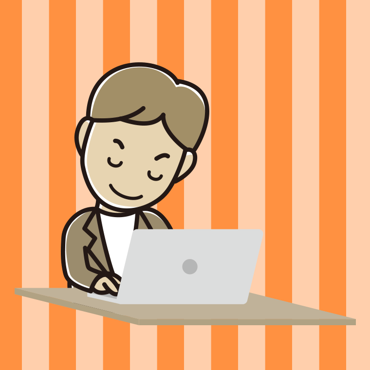 パソコンにお辞儀する男性会社員（カジュアル）のイラスト【色、背景あり】PNG