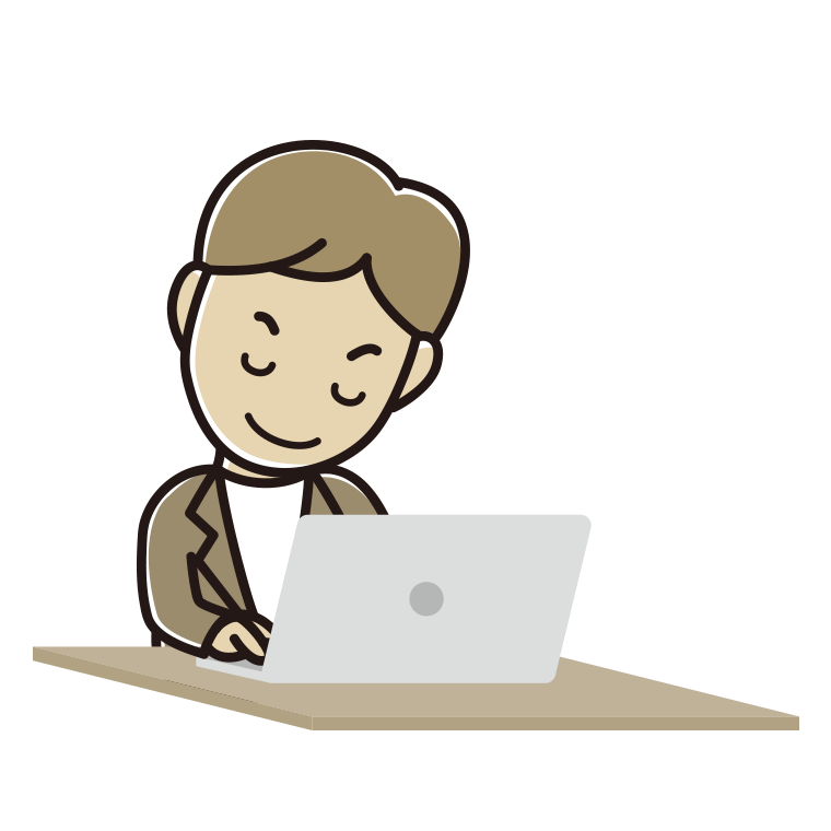 パソコンにお辞儀する男性会社員（カジュアル）のイラスト【色あり、背景なし】透過PNG
