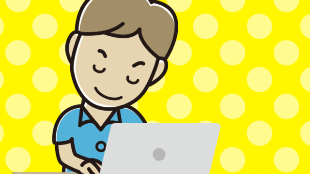 パソコンにお辞儀する男性会社員（クールビズ）のイラスト【色、背景あり】PNG