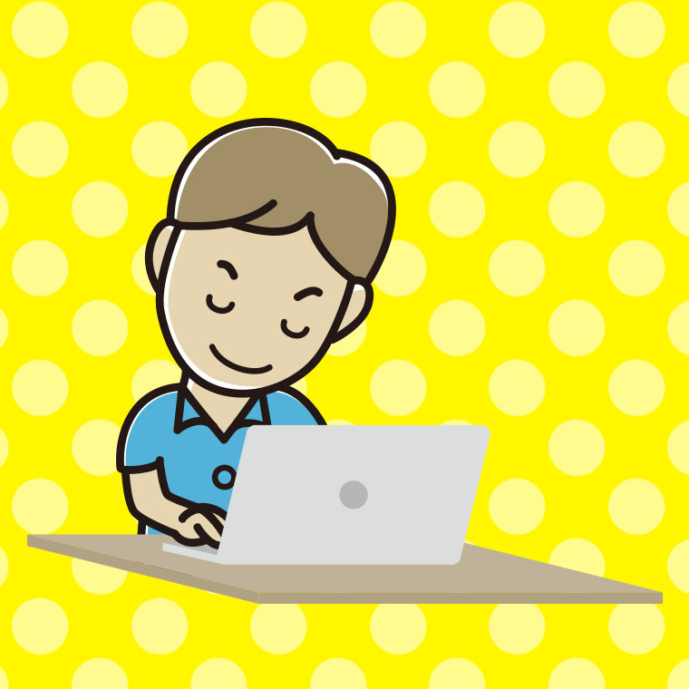 パソコンにお辞儀する男性会社員（クールビズ）のイラスト【色、背景あり】PNG