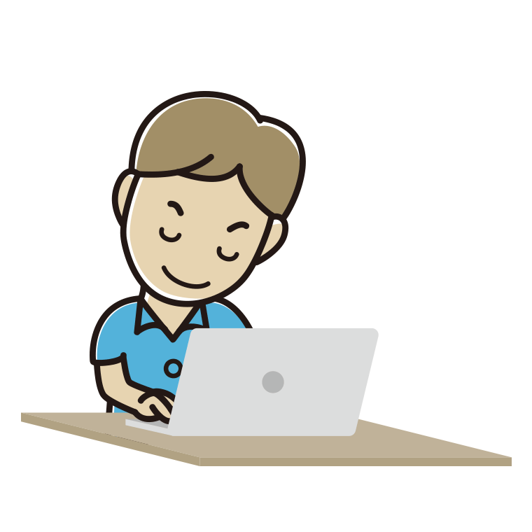 パソコンにお辞儀する男性会社員（クールビズ）のイラスト【色あり、背景なし】透過PNG