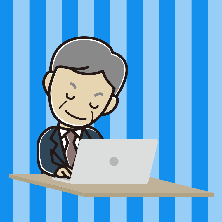 パソコンにお辞儀する年配男性会社員のイラスト【色、背景あり】PNG