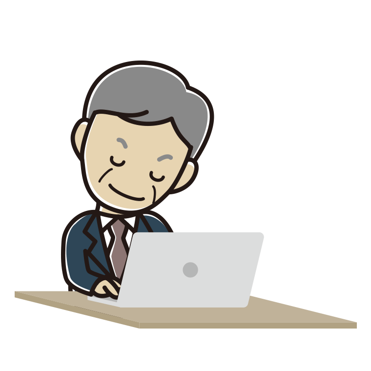 パソコンにお辞儀する年配男性会社員のイラスト【色あり、背景なし】透過PNG