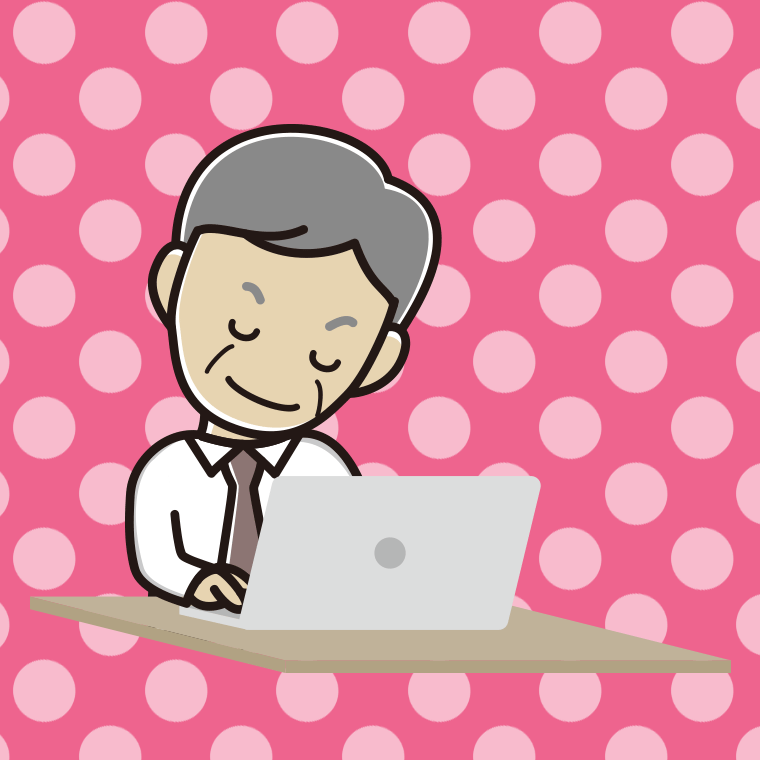 パソコンにお辞儀する年配男性会社員（ワイシャツ）のイラスト【色、背景あり】PNG
