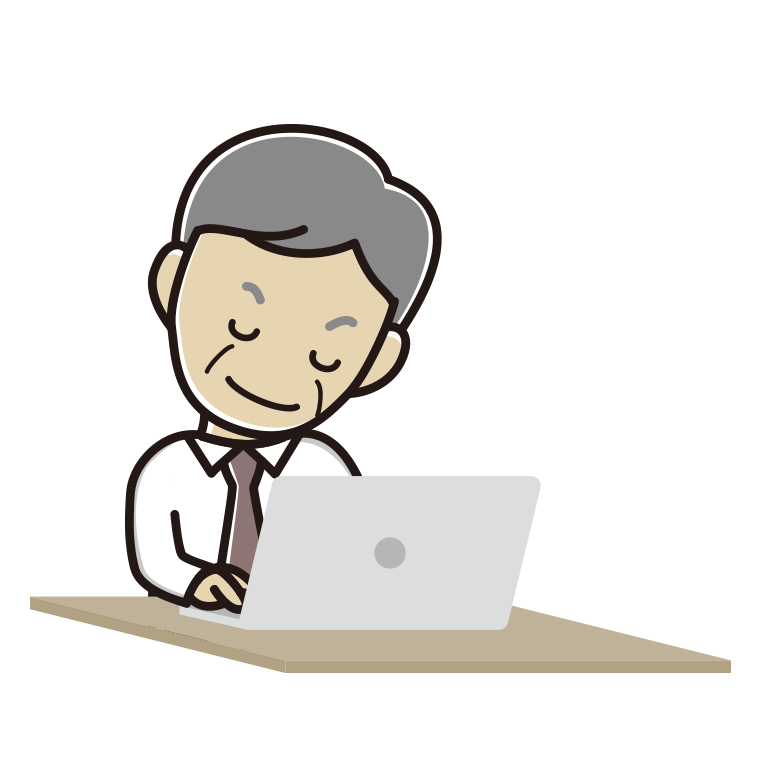 パソコンにお辞儀する年配男性会社員（ワイシャツ）のイラスト【色あり、背景なし】透過PNG