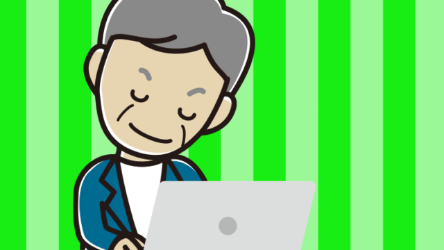 パソコンにお辞儀する年配男性会社員（カジュアル）のイラスト【色、背景あり】PNG