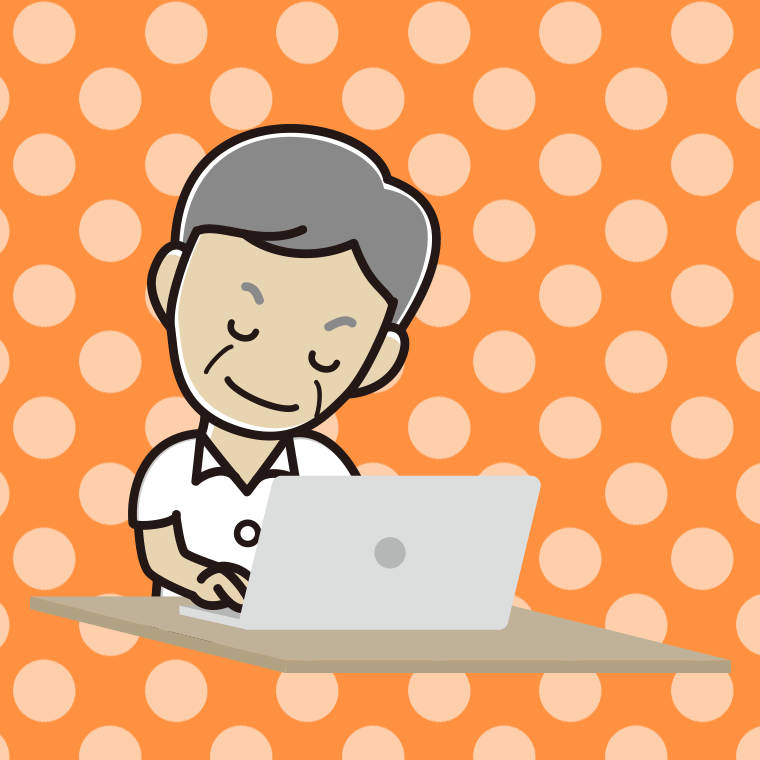 パソコンにお辞儀する年配男性会社員（クールビズ）のイラスト【色、背景あり】PNG
