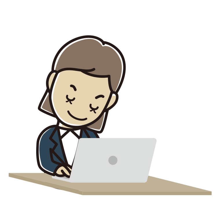 パソコンにお辞儀する女性会社員のイラスト【色あり、背景なし】透過PNG