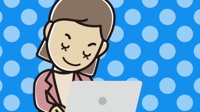 パソコンにお辞儀する女性会社員（カジュアル）のイラスト【色、背景あり】PNG