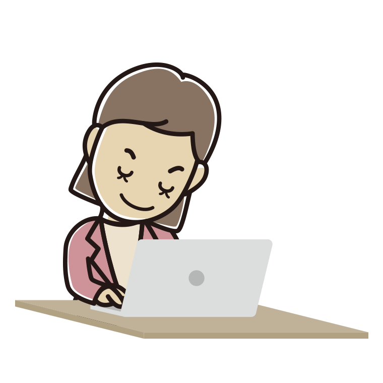 パソコンにお辞儀する女性会社員（カジュアル）のイラスト【色あり、背景なし】透過PNG