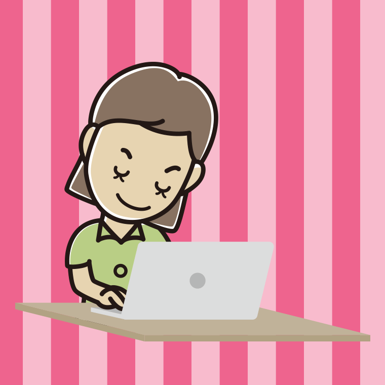 パソコンにお辞儀する女性会社員（クールビズ）のイラスト【色、背景あり】PNG