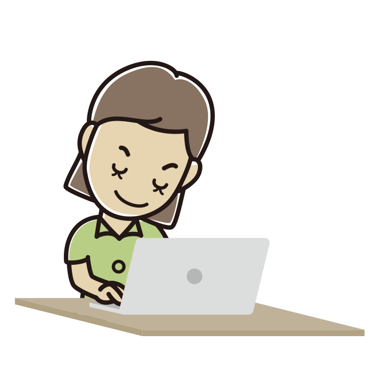 パソコンにお辞儀する女性会社員（クールビズ）のイラスト【色あり、背景なし】透過PNG