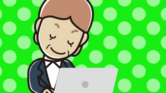 パソコンにお辞儀する年配女性会社員のイラスト【色、背景あり】PNG