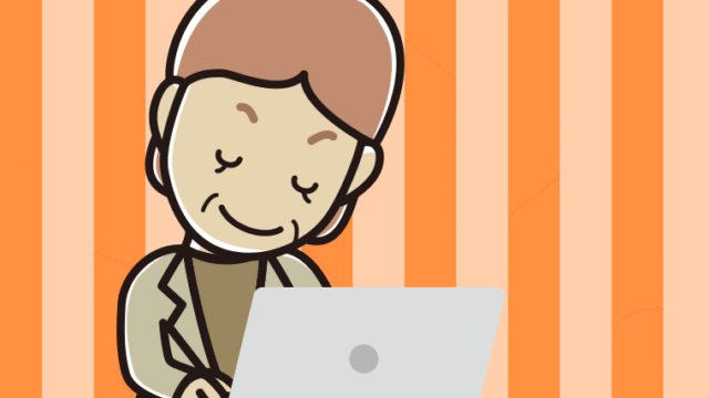 パソコンにお辞儀する年配女性会社員（カジュアル）のイラスト【色、背景あり】PNG