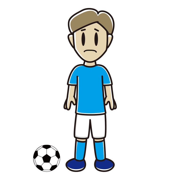 困るサッカーのユニフォーム姿の男性のイラスト【色あり、背景なし】透過PNG