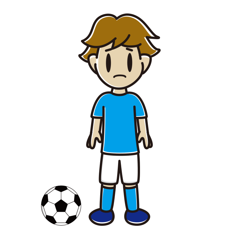 困るサッカーのユニフォーム姿の男子高校生のイラスト【色あり、背景なし】透過PNG