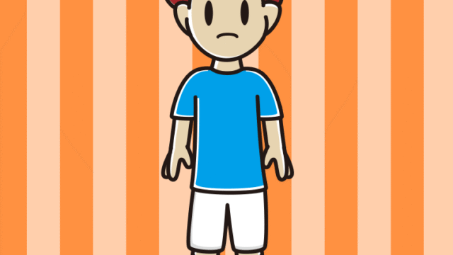 困るサッカーのユニフォーム姿の男子大学生のイラスト【色、背景あり】PNG