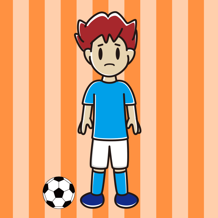 困るサッカーのユニフォーム姿の男子大学生のイラスト【色、背景あり】PNG