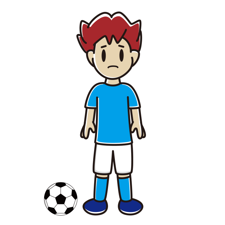 困るサッカーのユニフォーム姿の男子大学生のイラスト【色あり、背景なし】透過PNG