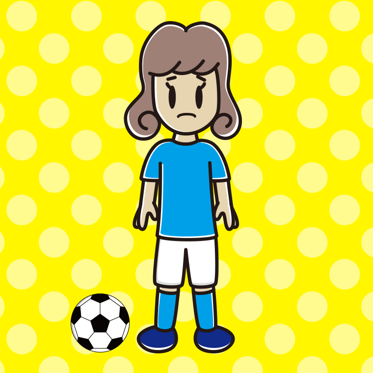 困るサッカーのユニフォーム姿の女子大学生のイラスト【色、背景あり】PNG