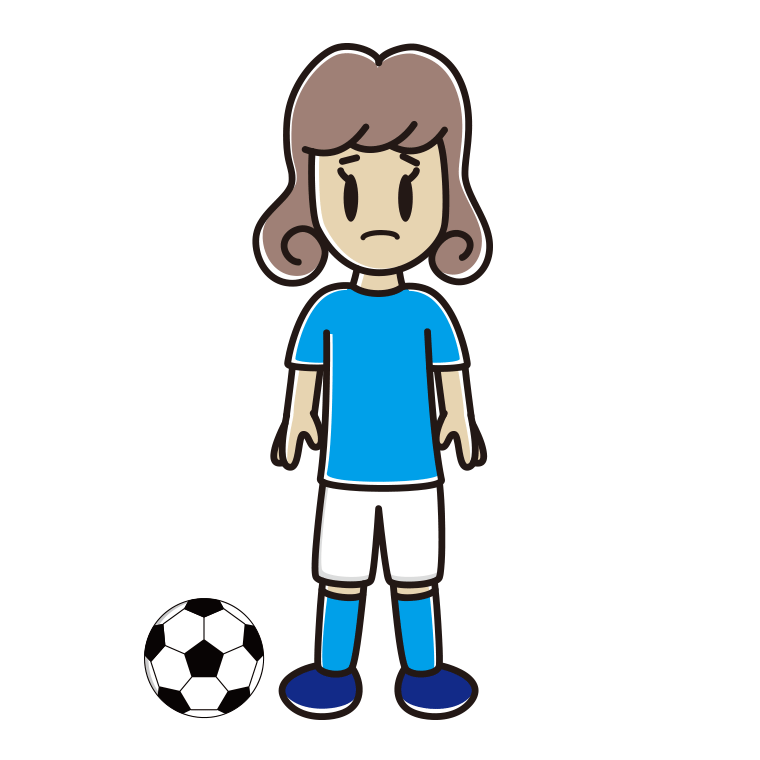 困るサッカーのユニフォーム姿の女子大学生のイラスト【色あり、背景なし】透過PNG