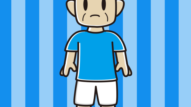 困るサッカーのユニフォーム姿のおじさんのイラスト【色、背景あり】PNG