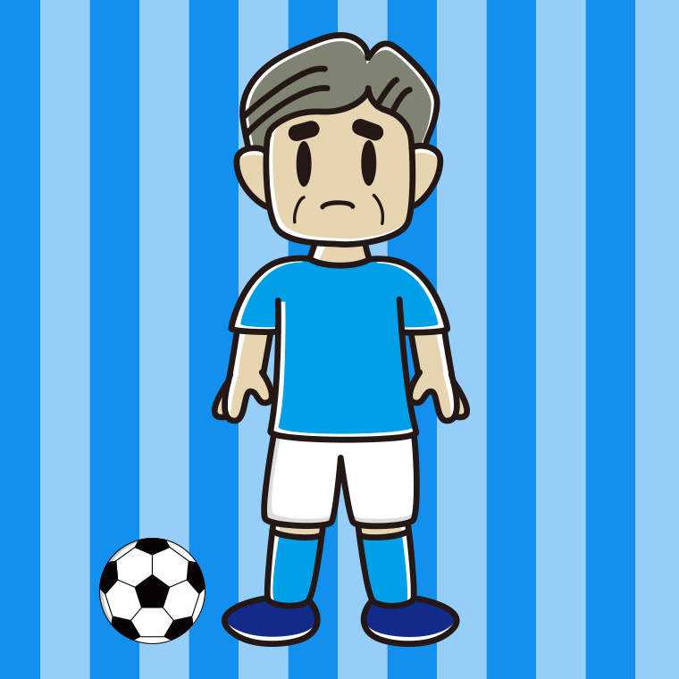 困るサッカーのユニフォーム姿のおじさんのイラスト【色、背景あり】PNG