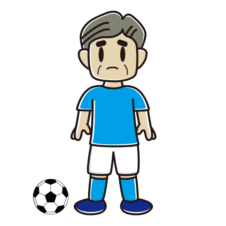 困るサッカーのユニフォーム姿のおじさんのイラスト【色あり、背景なし】透過PNG