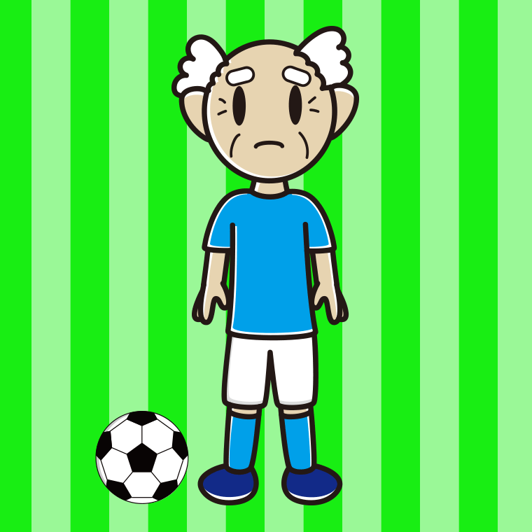 困るサッカーのユニフォーム姿のおじいさんのイラスト【色、背景あり】PNG