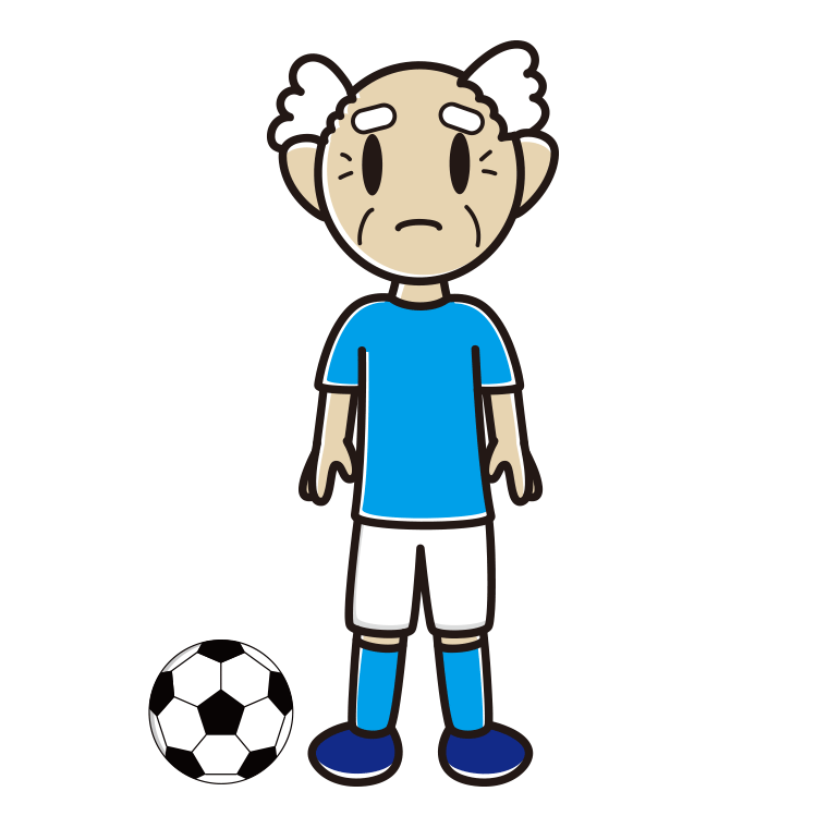 困るサッカーのユニフォーム姿のおじいさんのイラスト【色あり、背景なし】透過PNG