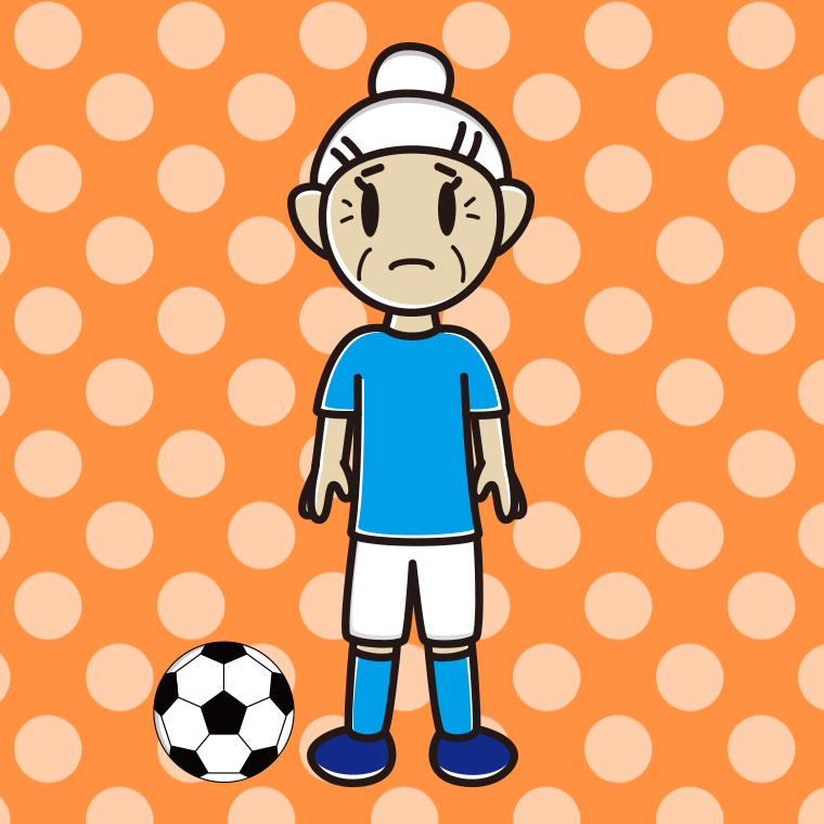 困るサッカーのユニフォーム姿のおばあさんのイラスト【色、背景あり】PNG