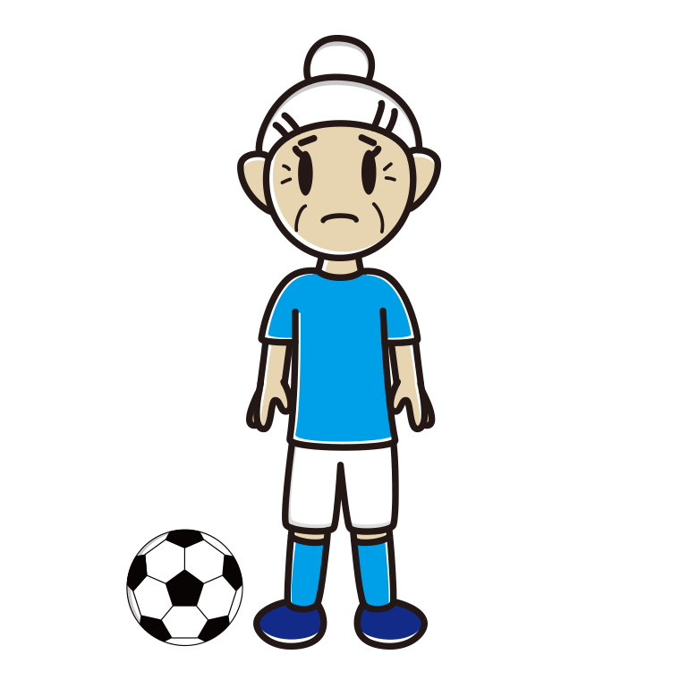 困るサッカーのユニフォーム姿のおばあさんのイラスト【色あり、背景なし】透過PNG