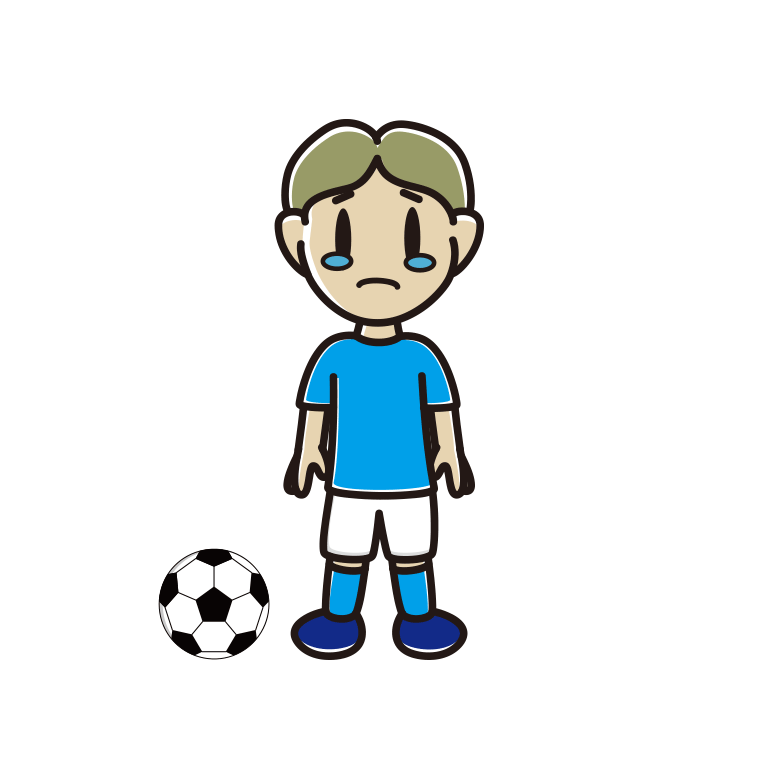 泣くサッカーのユニフォーム姿の小学生男子のイラスト【色あり、背景なし】透過PNG