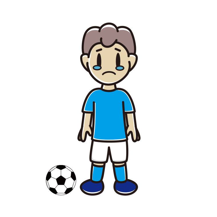 泣くサッカーのユニフォーム姿の男子中学生のイラスト【色あり、背景なし】透過PNG