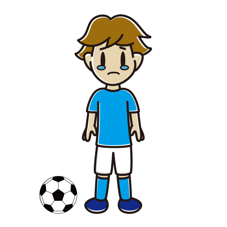 泣くサッカーのユニフォーム姿の男子高校生のイラスト【色あり、背景なし】透過PNG