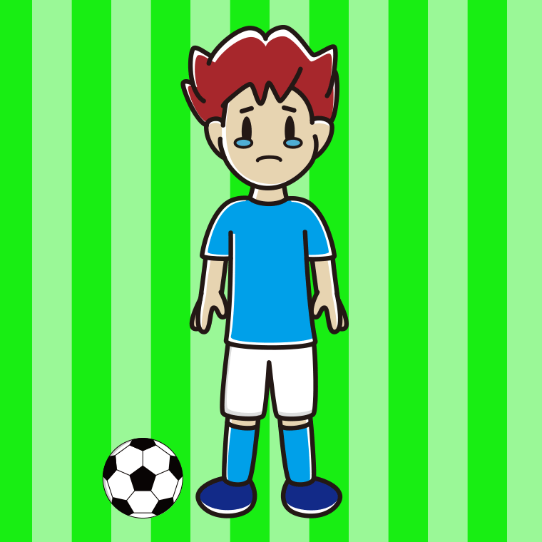 泣くサッカーのユニフォーム姿の男子大学生のイラスト【色、背景あり】PNG