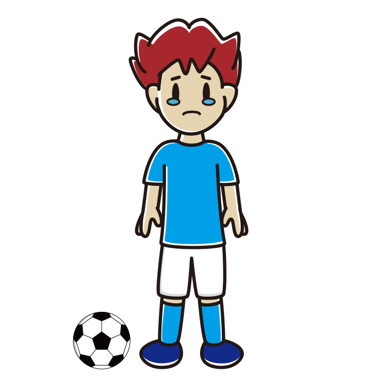 泣くサッカーのユニフォーム姿の男子大学生のイラスト【色あり、背景なし】透過PNG