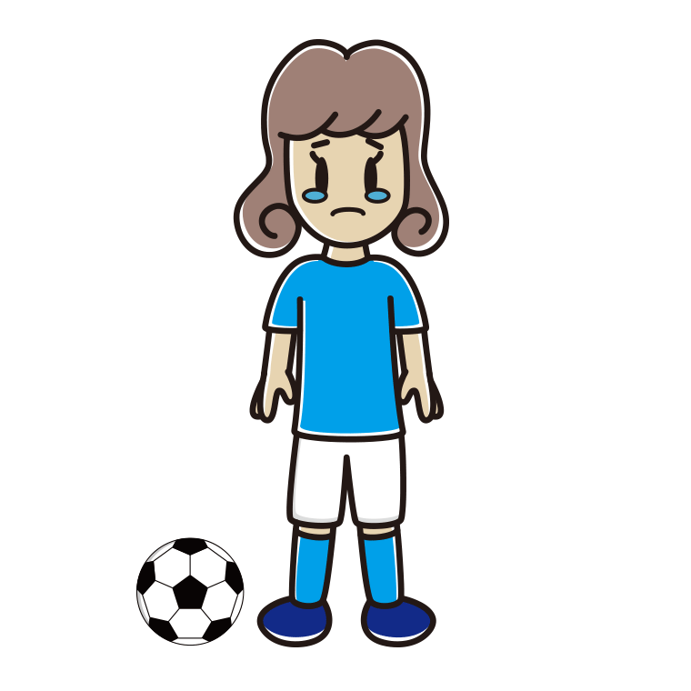 泣くサッカーのユニフォーム姿の女子大学生のイラスト【色あり、背景なし】透過PNG