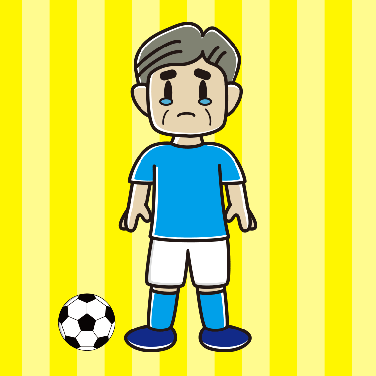 泣くサッカーのユニフォーム姿のおじさんのイラスト【色、背景あり】PNG