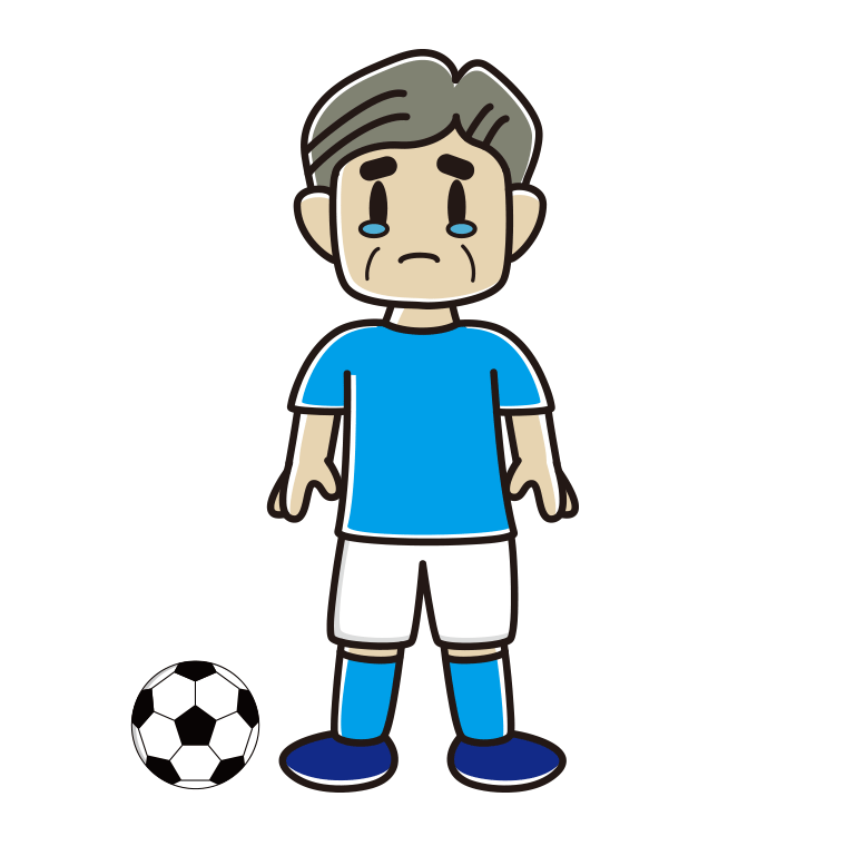 泣くサッカーのユニフォーム姿のおじさんのイラスト【色あり、背景なし】透過PNG