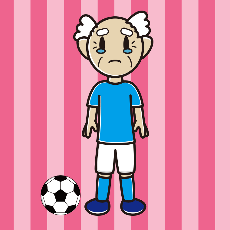 泣くサッカーのユニフォーム姿のおじいさんのイラスト【色、背景あり】PNG