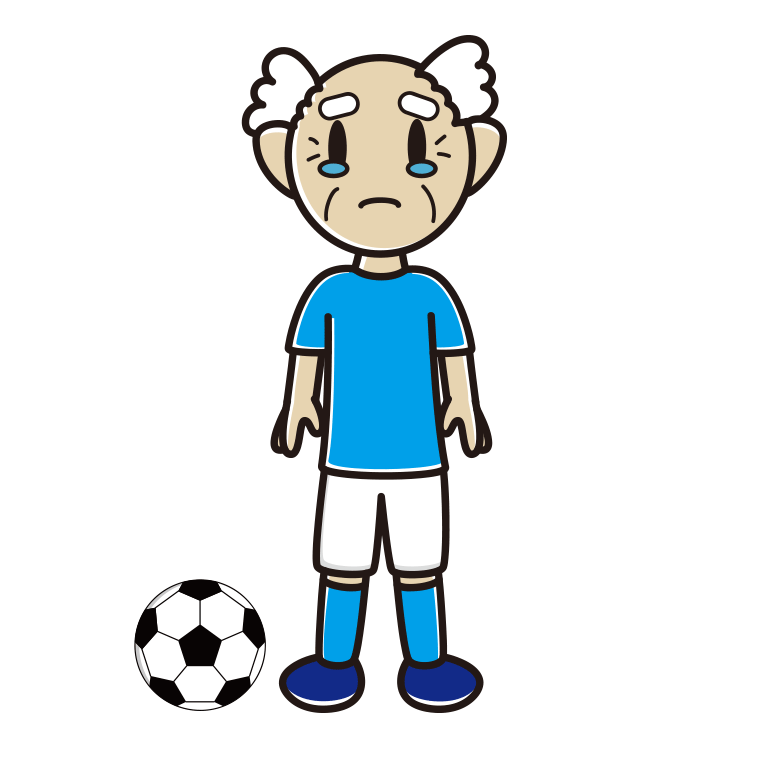 泣くサッカーのユニフォーム姿のおじいさんのイラスト【色あり、背景なし】透過PNG
