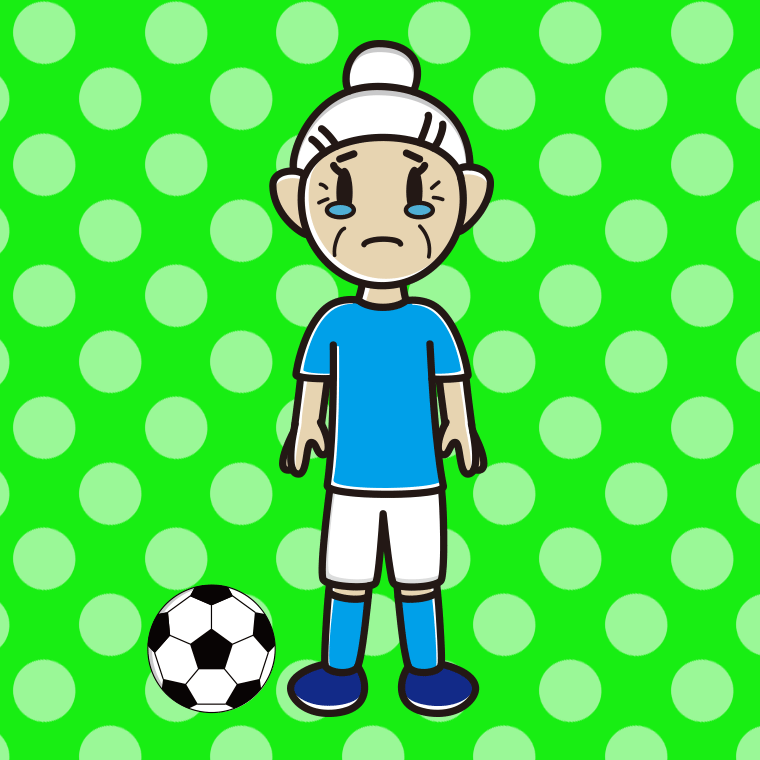泣くサッカーのユニフォーム姿のおばあさんのイラスト【色、背景あり】PNG