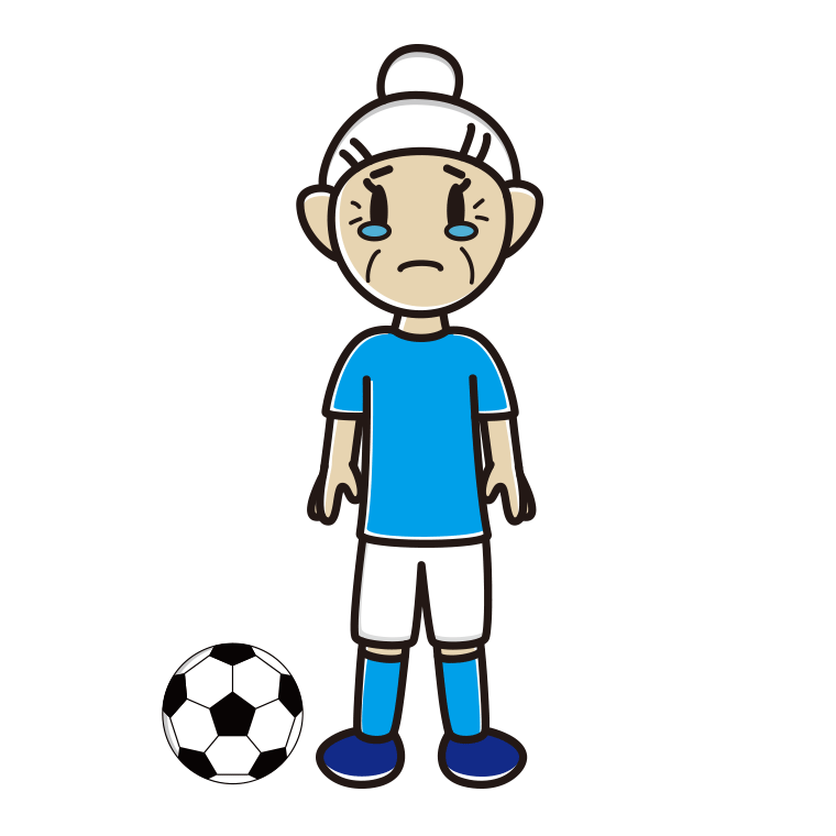 泣くサッカーのユニフォーム姿のおばあさんのイラスト【色あり、背景なし】透過PNG