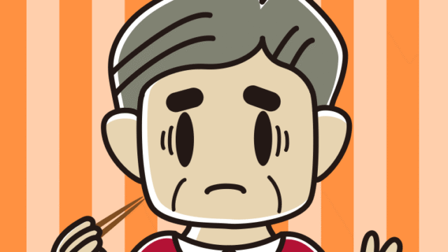 お箸で困るおじさんのイラスト【色、背景あり】PNG