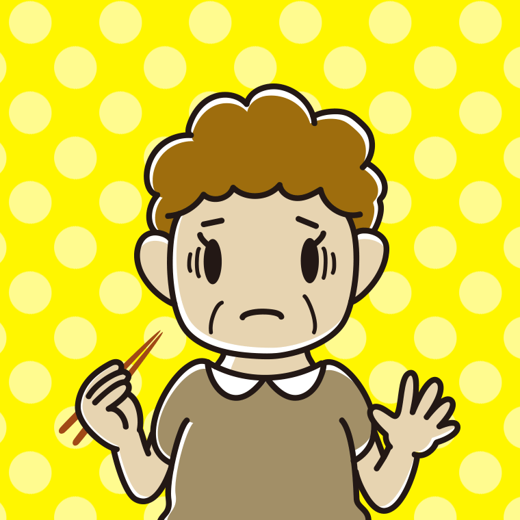 お箸で困るおばさんのイラスト【色、背景あり】PNG
