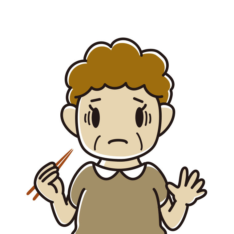 お箸で困るおばさんのイラスト【色あり、背景なし】透過PNG