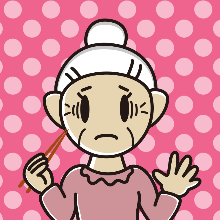 お箸で困るおばあさんのイラスト【色、背景あり】PNG