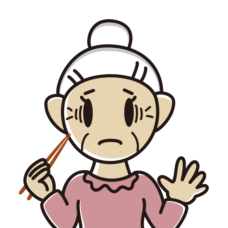 お箸で困るおばあさんのイラスト【色あり、背景なし】透過PNG