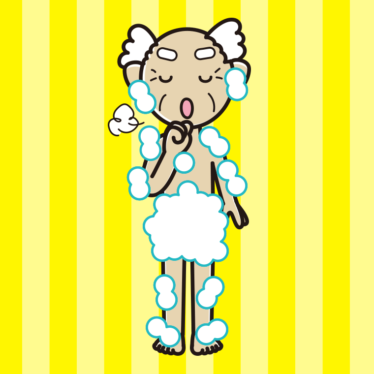咳払いする泡だらけのおじいさんのイラスト【色、背景あり】PNG